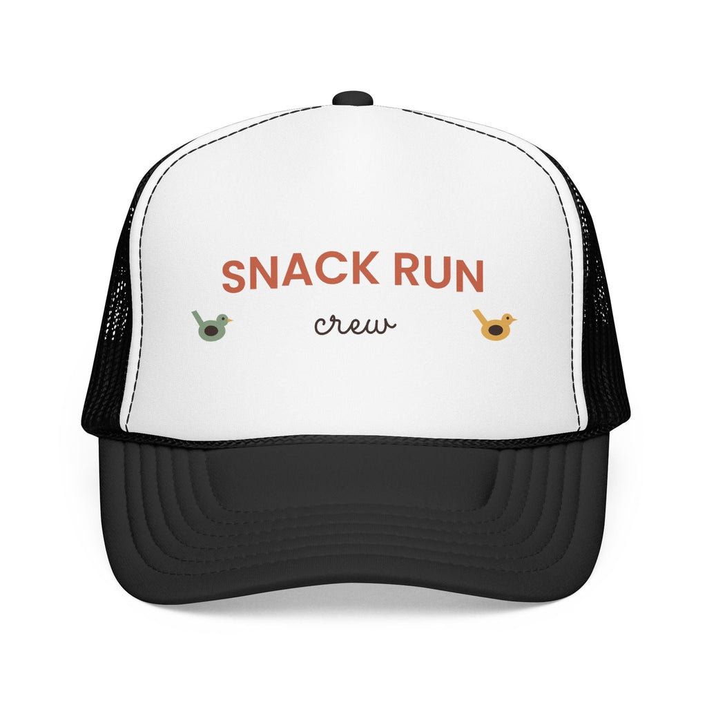 Snack Run Crew foam trucker hat, white and black, front view with wren birds