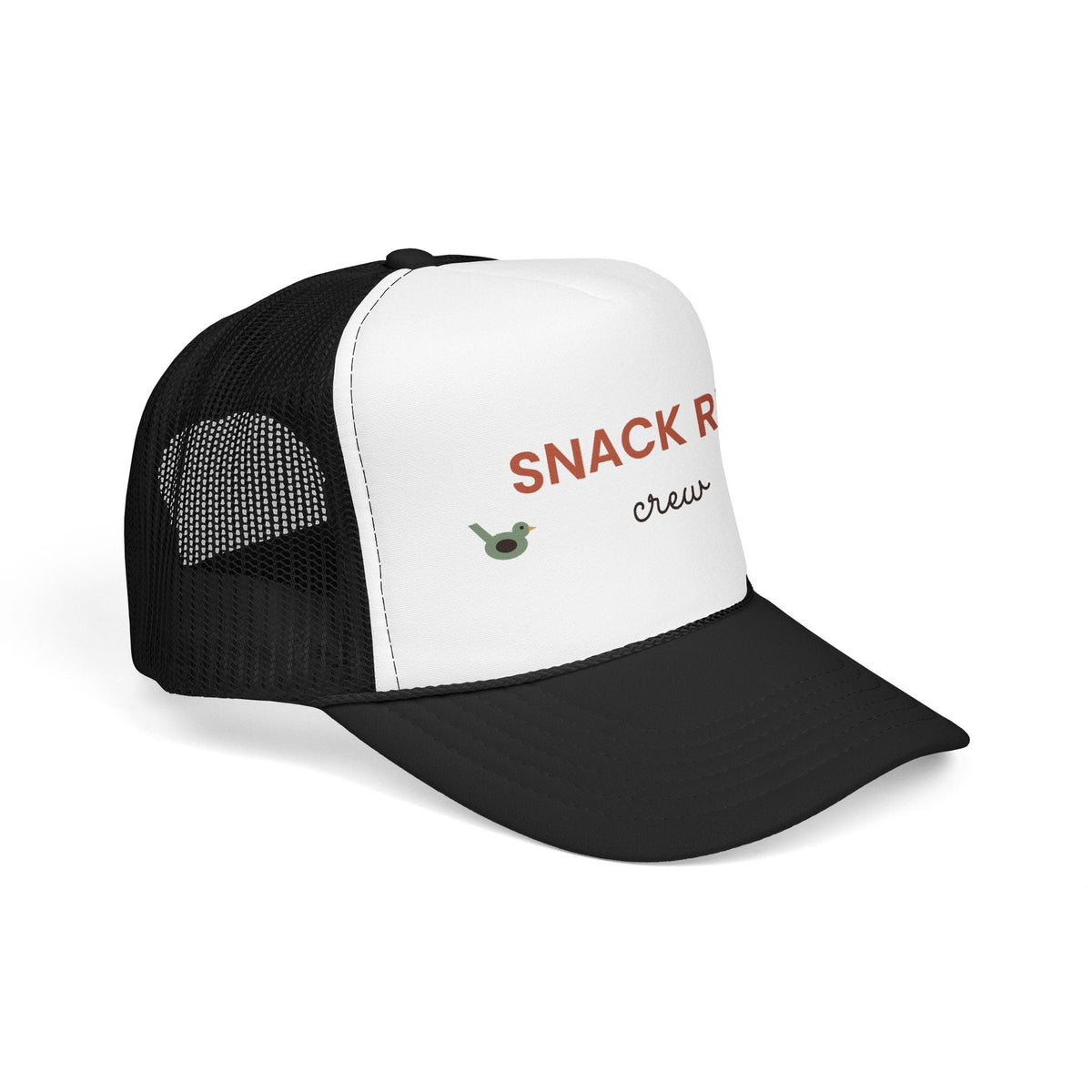 Snack Run Crew foam trucker hat, white and black, side angle showing mesh back
