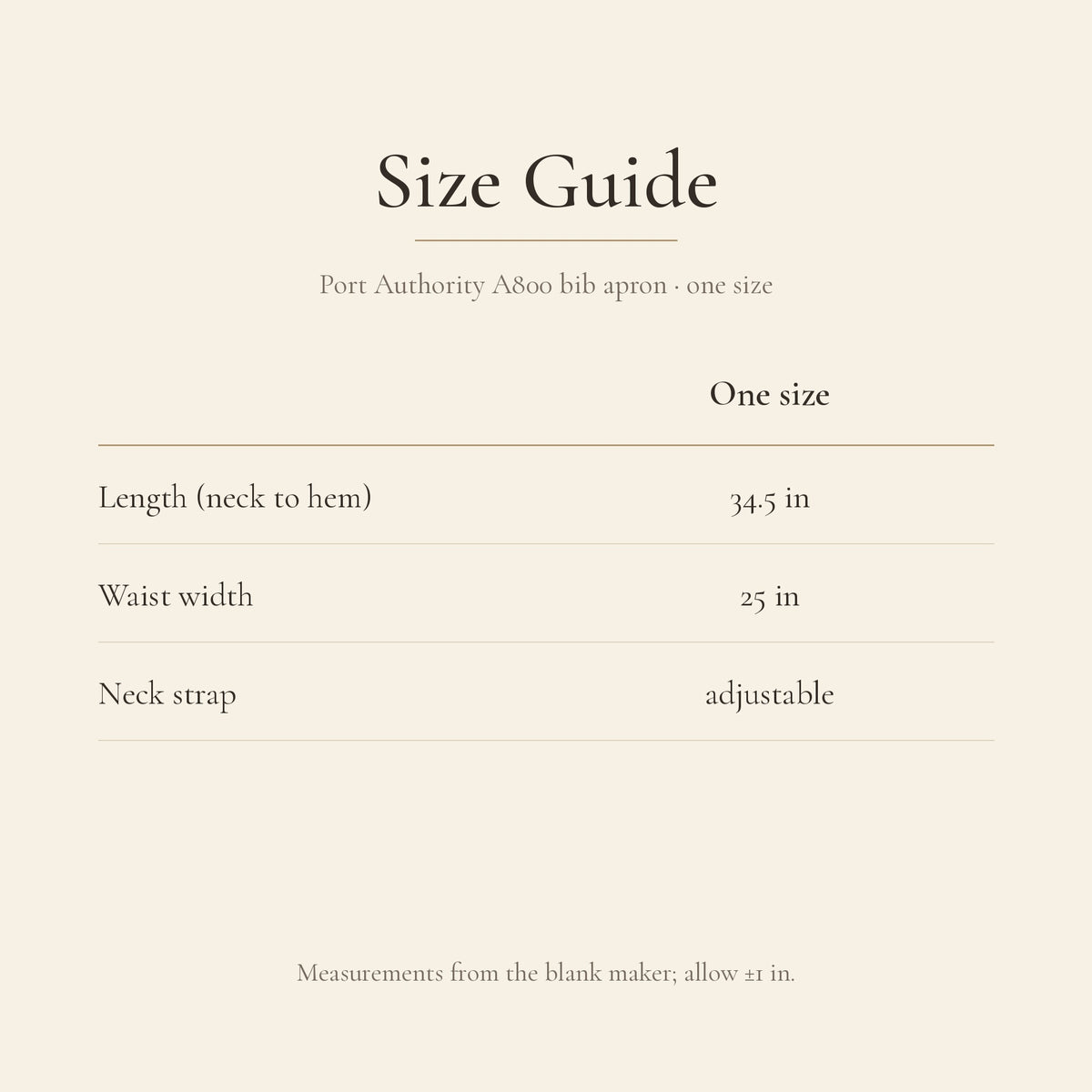 P77 apron size chart