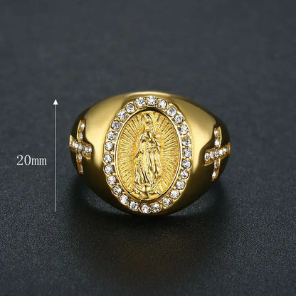 Men' Catholic Virgin Mary Cubic Zirconia Cross Rings Stainless Steel Religious Ring Size 7-13