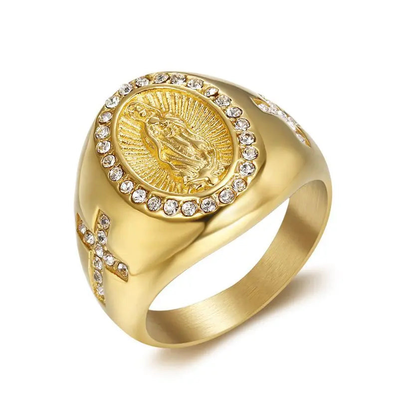 Men' Catholic Virgin Mary Cubic Zirconia Cross Rings Stainless Steel Religious Ring Size 7-13
