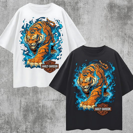 Vintage/Y2K Tiger With Flames Harley Oversized T Shirt