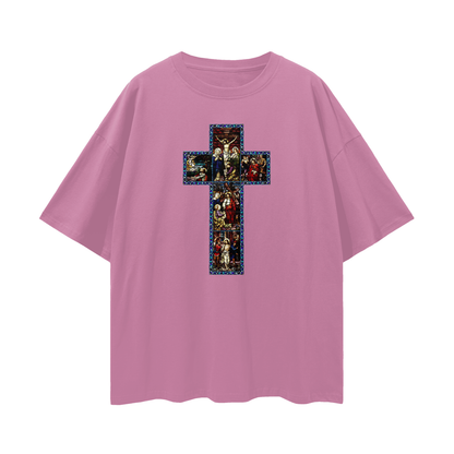 Religious Jesus Cathedral Glass Graphic Oversized T Shirt