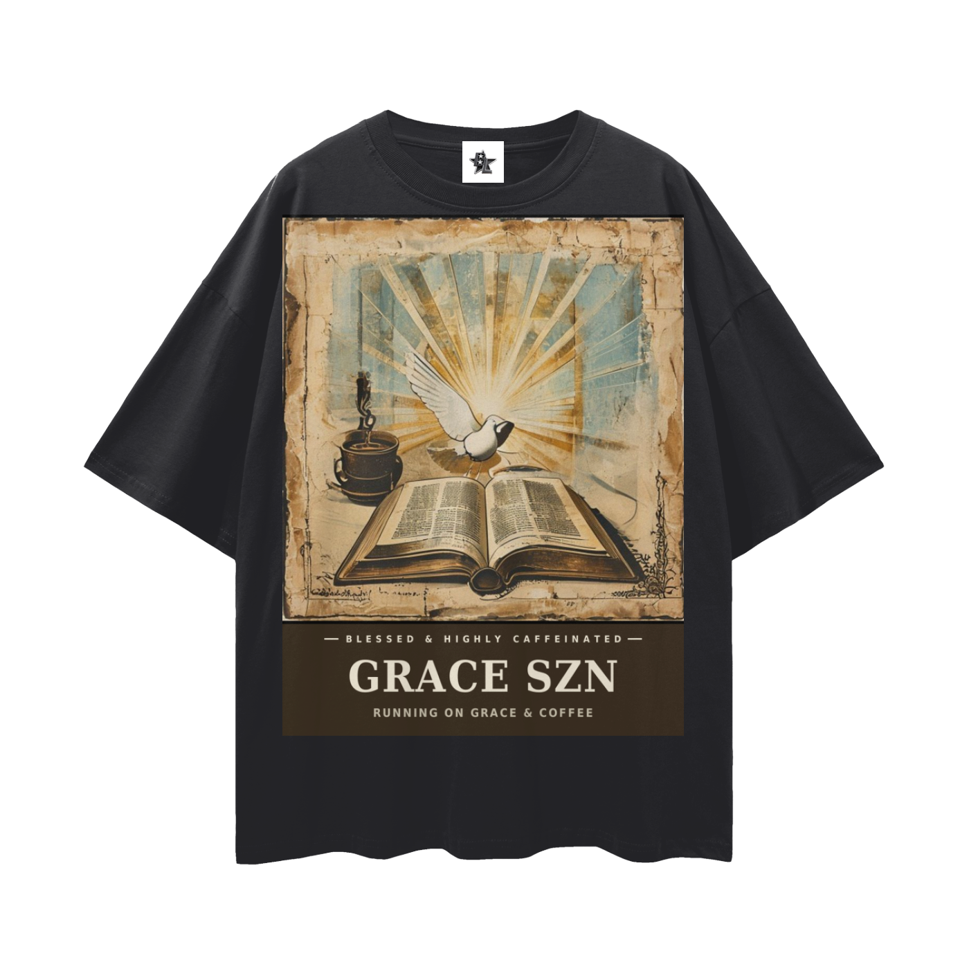 Grace SZN Tee - Blessed & Highly Caffeinated | Vintage Bootleg Collage Faith Oversized Graphic Tee