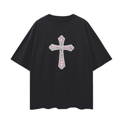 Vintage Like Religious Pink Cross Diamond Blinged Out Graphic Oversized T Shirt