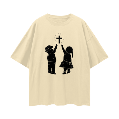 Religious Jesus Children Pointing To Cross Graphic Oversized T Shirt