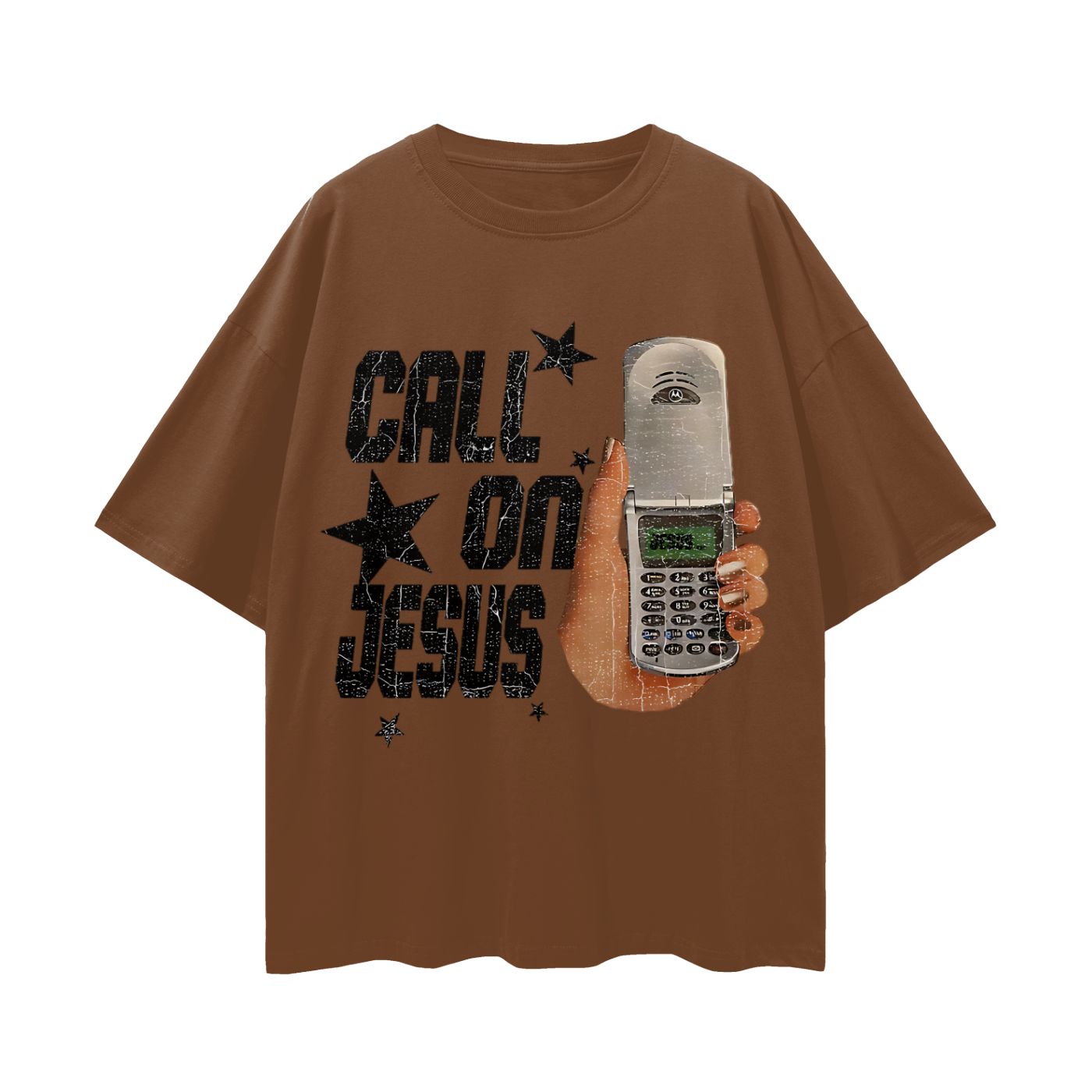 Religious Call On Jesus Cell Phone Y2K Vintage Like Graphic Oversized T Shirt