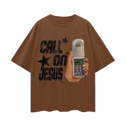 Religious Call On Jesus Cell Phone Y2K Vintage Like Graphic Oversized T Shirt