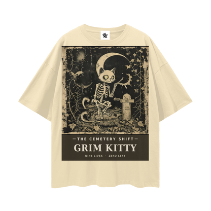 Grim Kitty Cemetery Shift Tee | Gothic Halloween Bootleg Oversized Graphic Tee