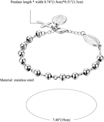 Cross Rosary Beads Bracelet Vintage Stainless Steel Jesus Christ Crucifix Cross Wristband for Men Women Christmas Wedding