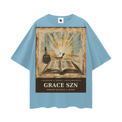 Grace SZN Tee - Blessed & Highly Caffeinated | Vintage Bootleg Collage Faith Oversized Graphic Tee