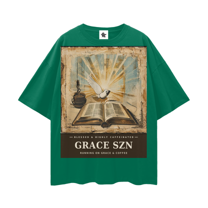 Grace SZN Tee - Blessed & Highly Caffeinated | Vintage Bootleg Collage Faith Oversized Graphic Tee