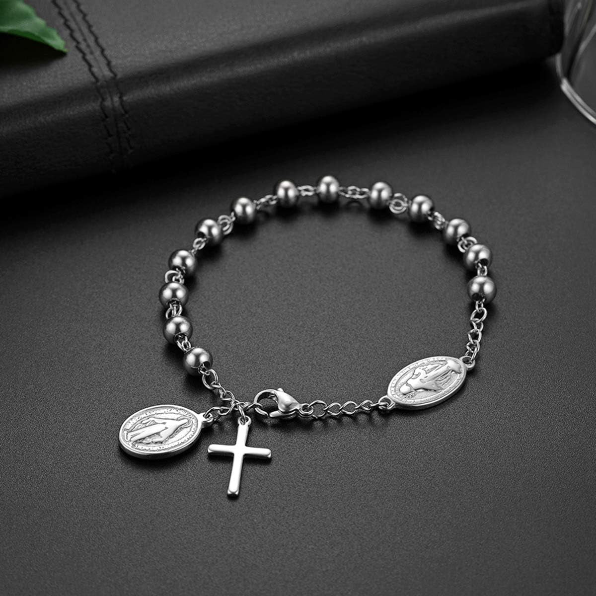 Cross Rosary Beads Bracelet Vintage Stainless Steel Jesus Christ Crucifix Cross Wristband for Men Women Christmas Wedding