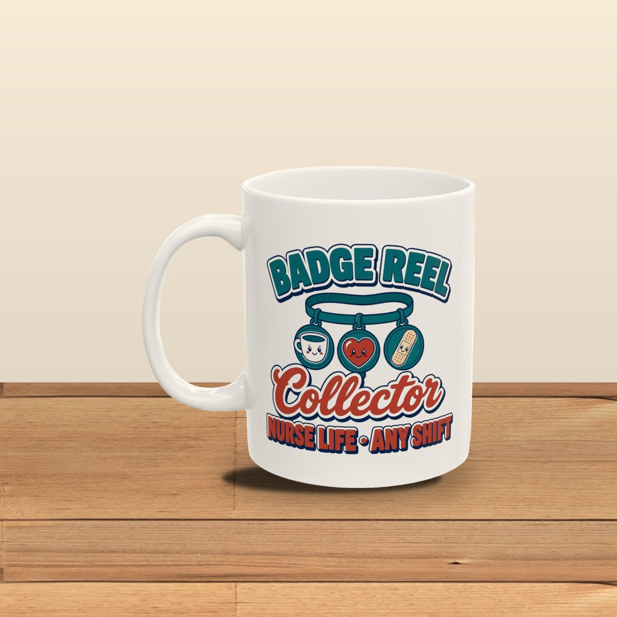 Badge Reel Collector mug - styled wooden floor 02