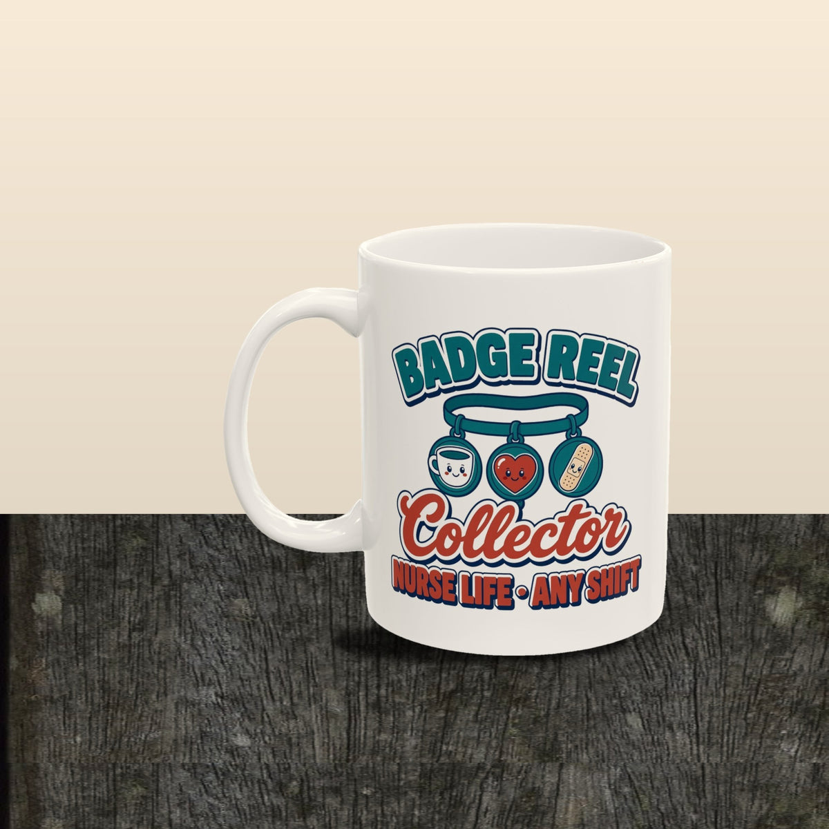 Badge Reel Collector mug - styled wood planks grey