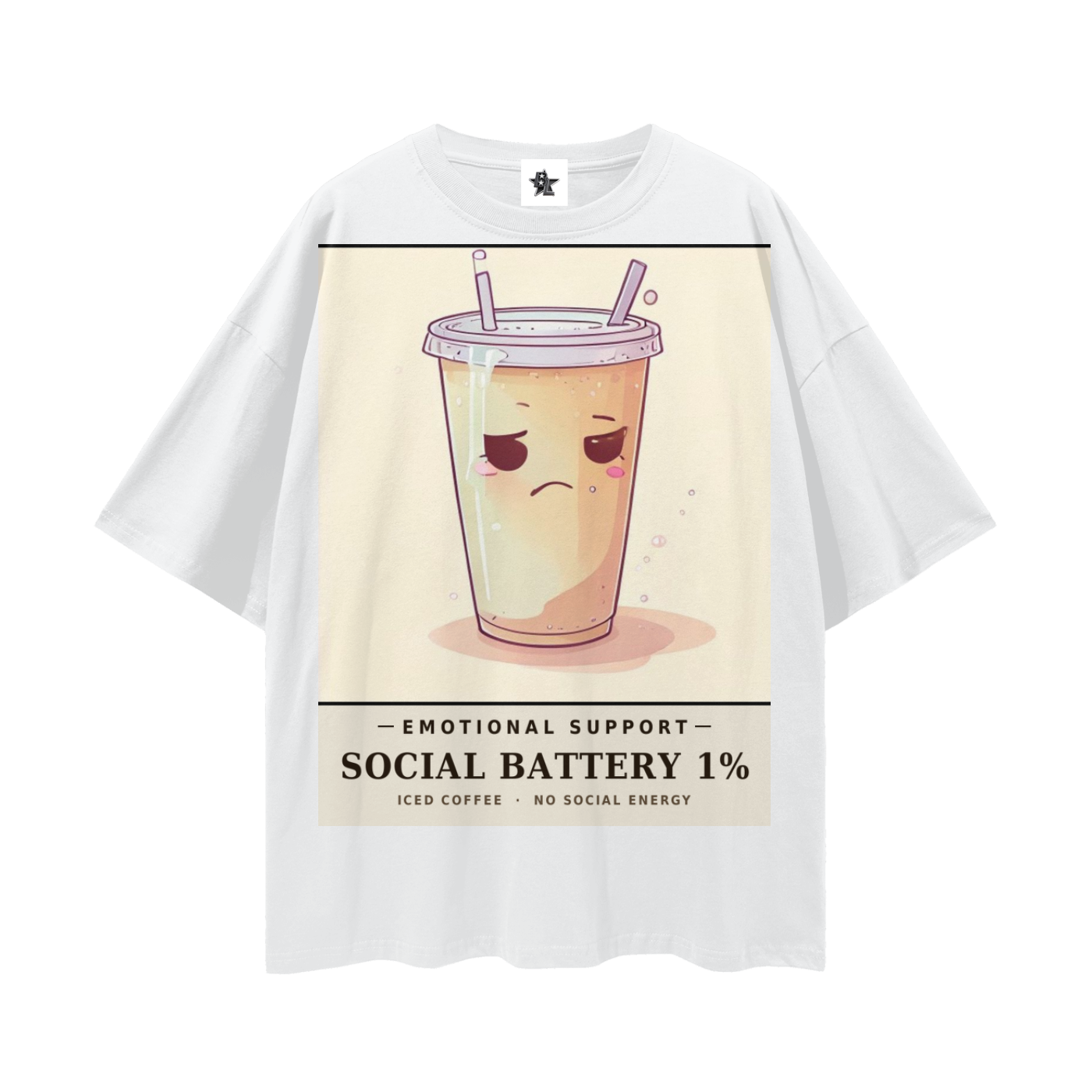Emotional Support Iced Coffee Tee - Social Battery 1% | Y2K Chrome Introvert Oversized Graphic Tee