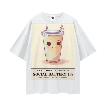Emotional Support Iced Coffee Tee - Social Battery 1% | Y2K Chrome Introvert Oversized Graphic Tee