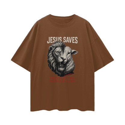Religious "Jesus Saves – The Lion & The Lamb" Graphic Oversized T Shirt