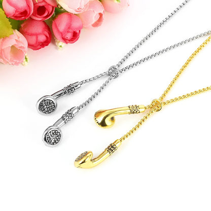 Fashion Necklace Hip-Hop Kirsite Music Headphones Earbuds Pendant Metal Men Clothing Accessories Necklace