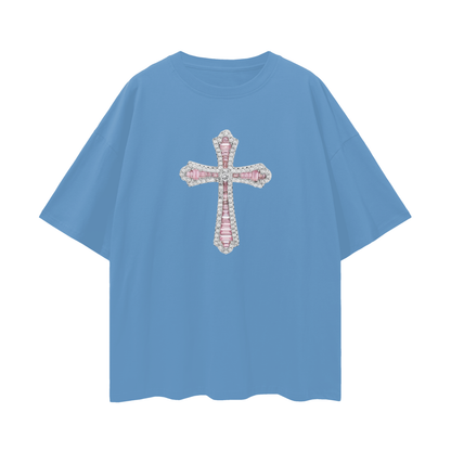 Vintage Like Religious Pink Cross Diamond Blinged Out Graphic Oversized T Shirt