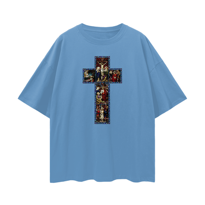 Religious Jesus Cathedral Glass Graphic Oversized T Shirt
