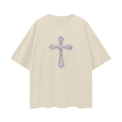Vintage Like Religious Pink Cross Diamond Blinged Out Graphic Oversized T Shirt