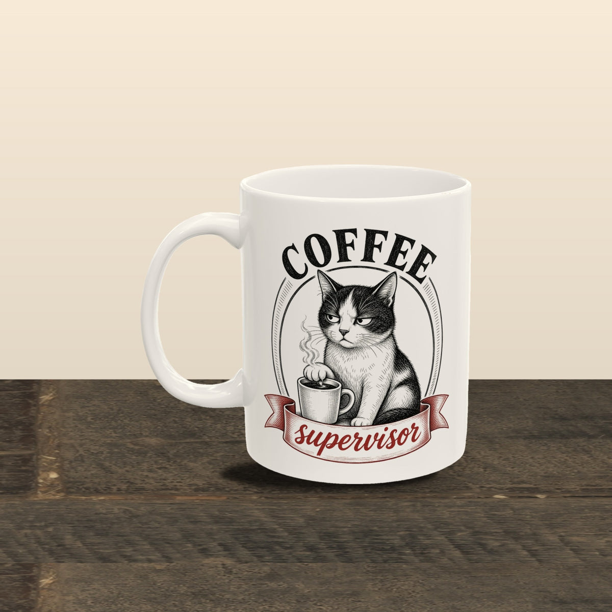 Coffee Supervisor mug - styled dark wooden planks