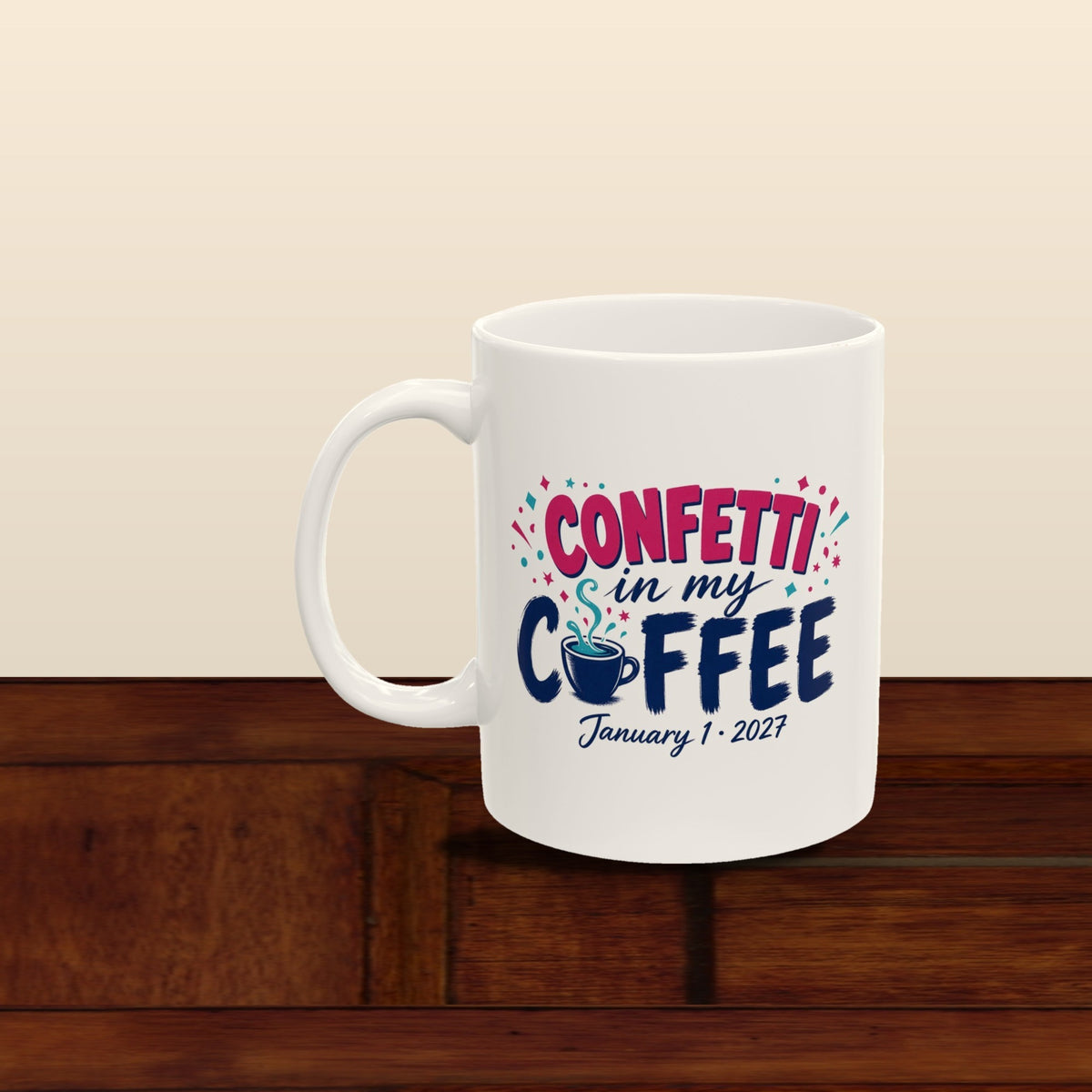 Confetti in My Coffee mug - styled wooden panels
