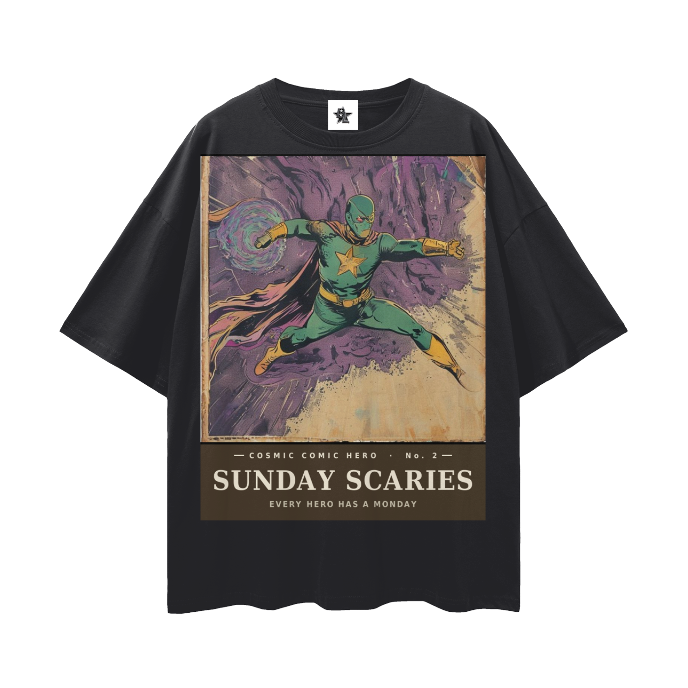 Cosmic Comic Hero #2 Tee - The Sunday Scaries Saga | Retro Bootleg Comic Oversized Tee