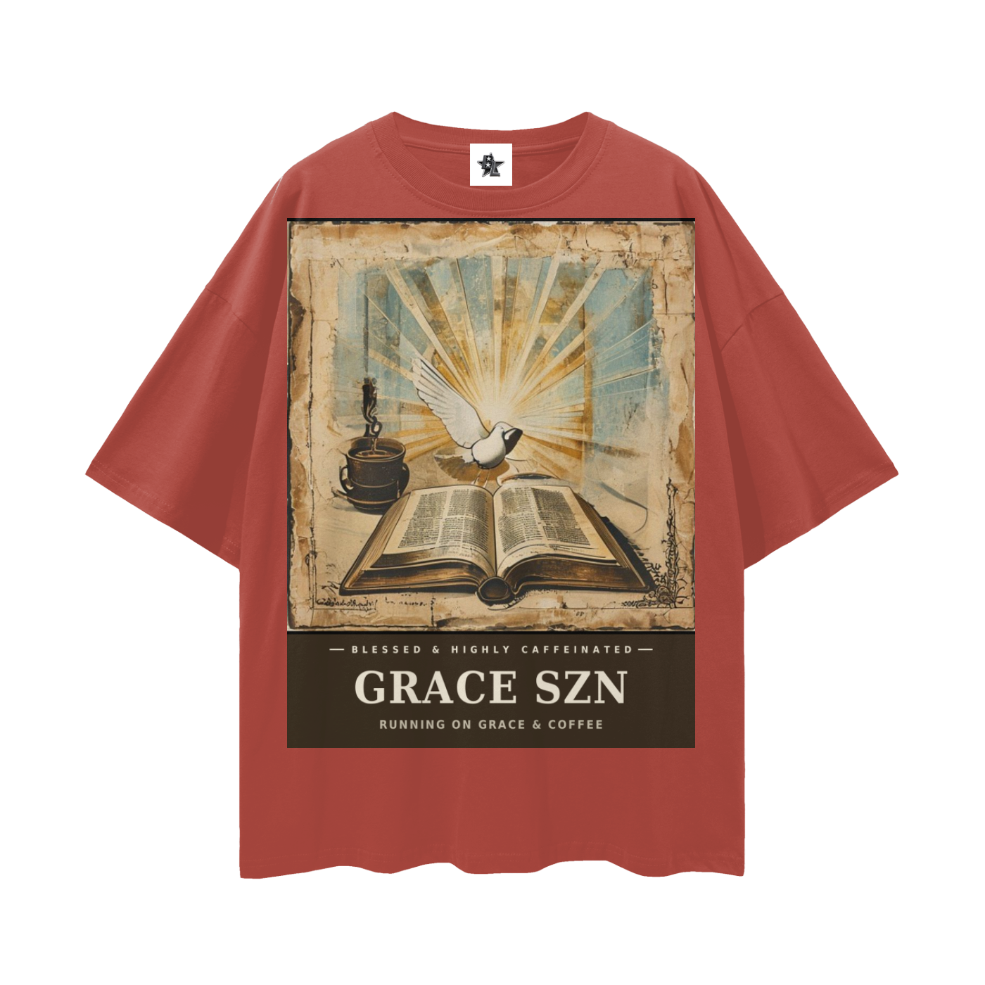 Grace SZN Tee - Blessed & Highly Caffeinated | Vintage Bootleg Collage Faith Oversized Graphic Tee