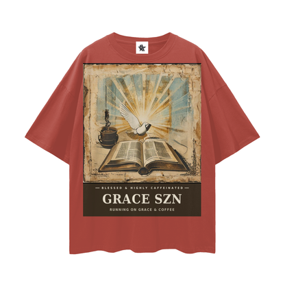 Grace SZN Tee - Blessed & Highly Caffeinated | Vintage Bootleg Collage Faith Oversized Graphic Tee