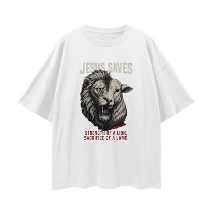 Religious "Jesus Saves – The Lion & The Lamb" Graphic Oversized T Shirt