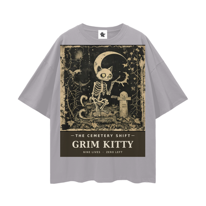 Grim Kitty Cemetery Shift Tee | Gothic Halloween Bootleg Oversized Graphic Tee