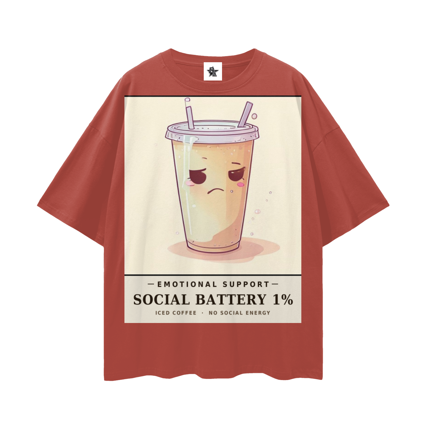 Emotional Support Iced Coffee Tee - Social Battery 1% | Y2K Chrome Introvert Oversized Graphic Tee