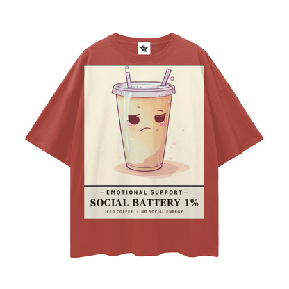 Emotional Support Iced Coffee Tee - Social Battery 1% | Y2K Chrome Introvert Oversized Graphic Tee