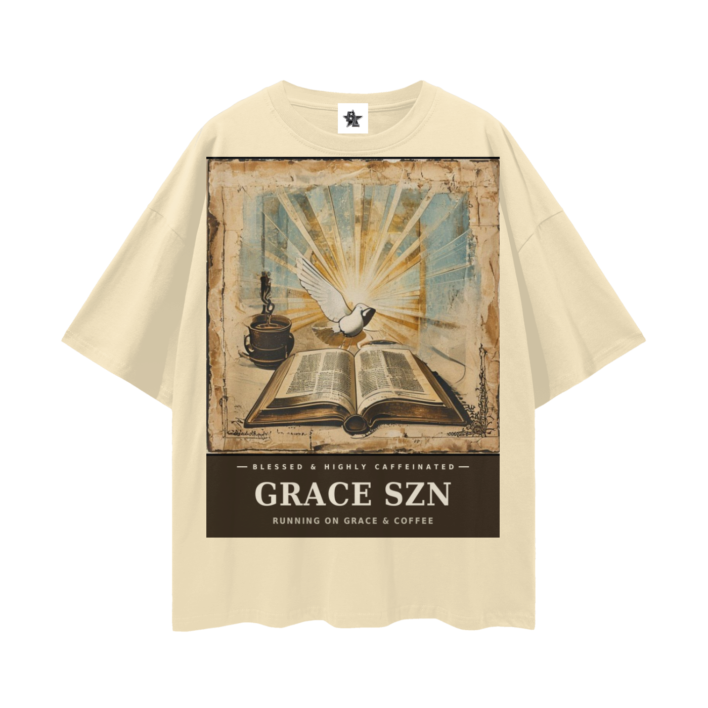 Grace SZN Tee - Blessed & Highly Caffeinated | Vintage Bootleg Collage Faith Oversized Graphic Tee