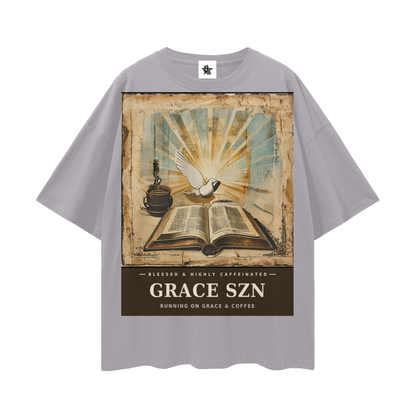 Grace SZN Tee - Blessed & Highly Caffeinated | Vintage Bootleg Collage Faith Oversized Graphic Tee