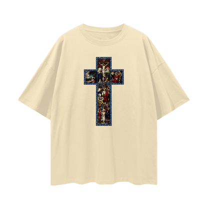 Religious Jesus Cathedral Glass Graphic Oversized T Shirt