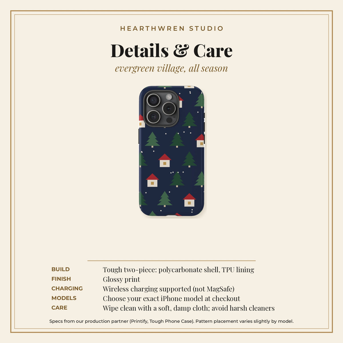 Evergreen Village Christmas phone case - specs