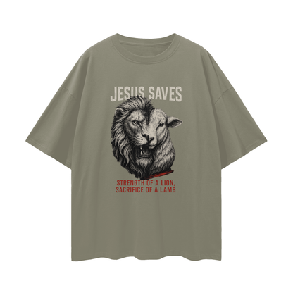 Religious "Jesus Saves – The Lion & The Lamb" Graphic Oversized T Shirt