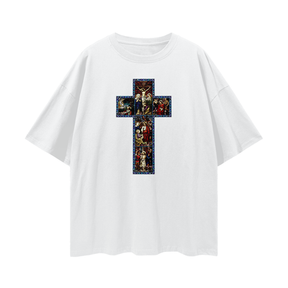 Religious Jesus Cathedral Glass Graphic Oversized T Shirt