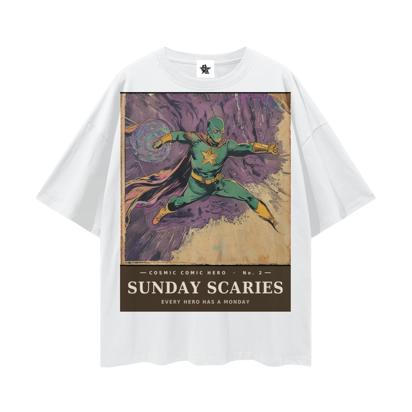 Cosmic Comic Hero #2 Tee - The Sunday Scaries Saga | Retro Bootleg Comic Oversized Tee