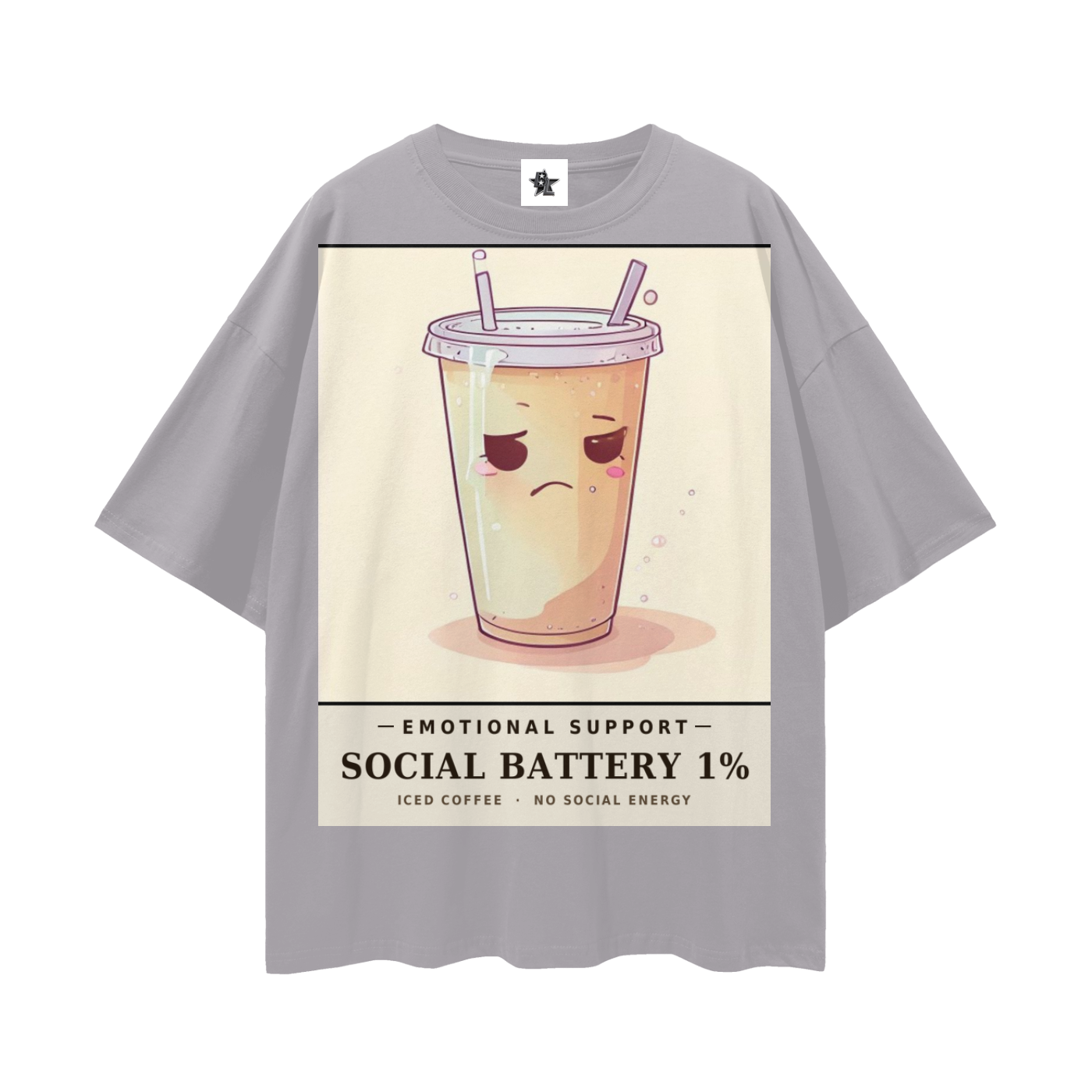 Emotional Support Iced Coffee Tee - Social Battery 1% | Y2K Chrome Introvert Oversized Graphic Tee