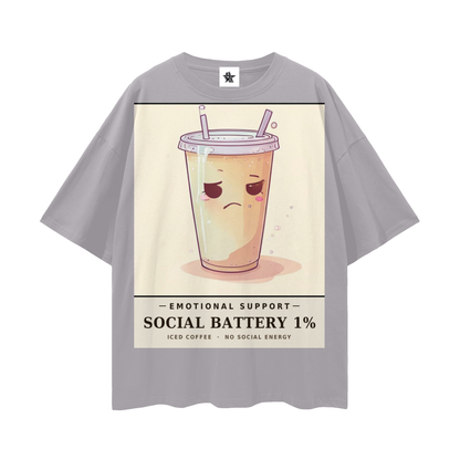 Emotional Support Iced Coffee Tee - Social Battery 1% | Y2K Chrome Introvert Oversized Graphic Tee