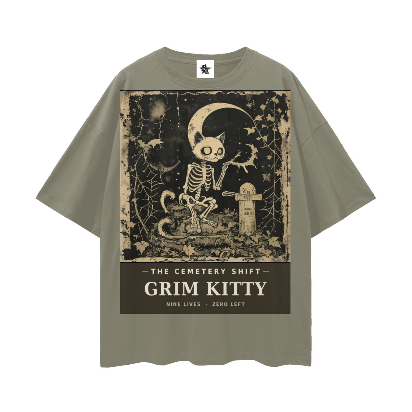 Grim Kitty Cemetery Shift Tee | Gothic Halloween Bootleg Oversized Graphic Tee