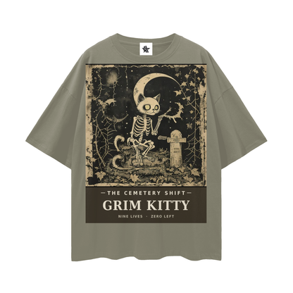 Grim Kitty Cemetery Shift Tee | Gothic Halloween Bootleg Oversized Graphic Tee