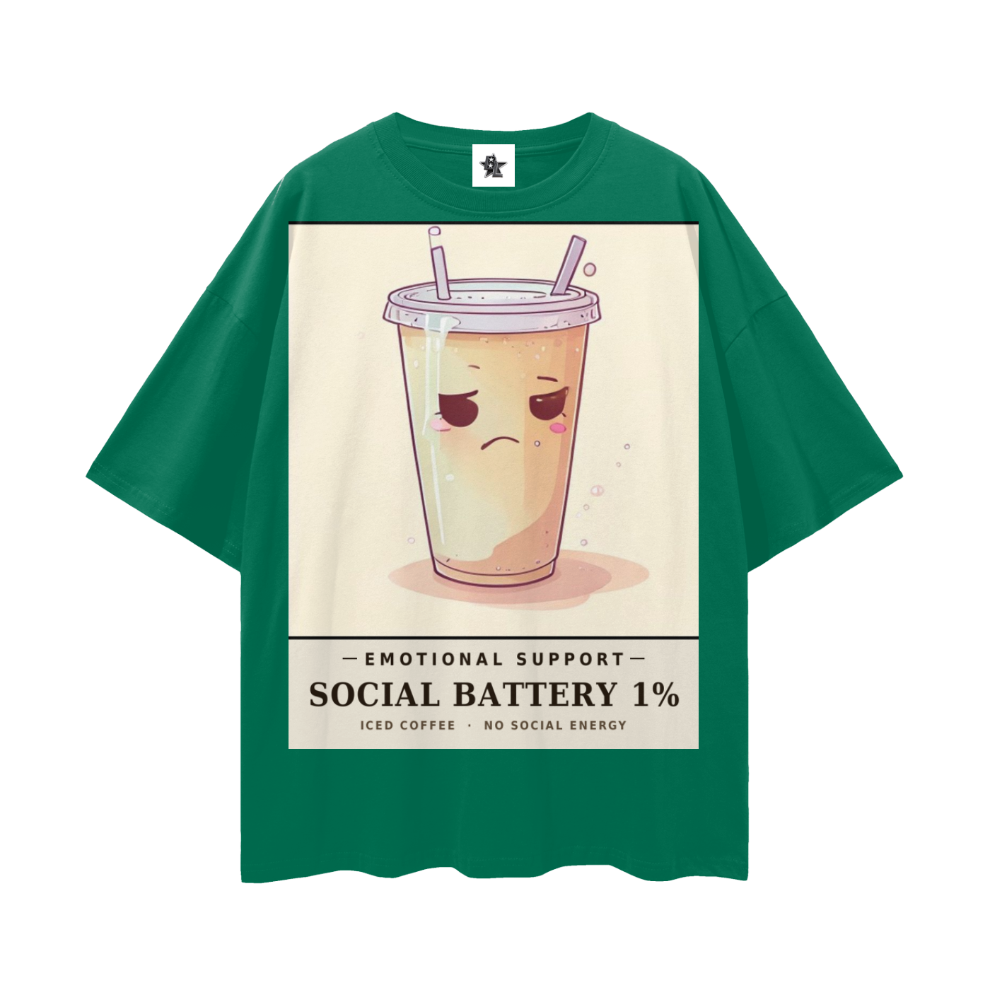 Emotional Support Iced Coffee Tee - Social Battery 1% | Y2K Chrome Introvert Oversized Graphic Tee