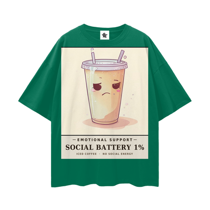 Emotional Support Iced Coffee Tee - Social Battery 1% | Y2K Chrome Introvert Oversized Graphic Tee