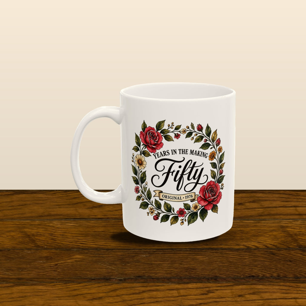 Fifty Years in the Making mug - styled old wooden floor 02
