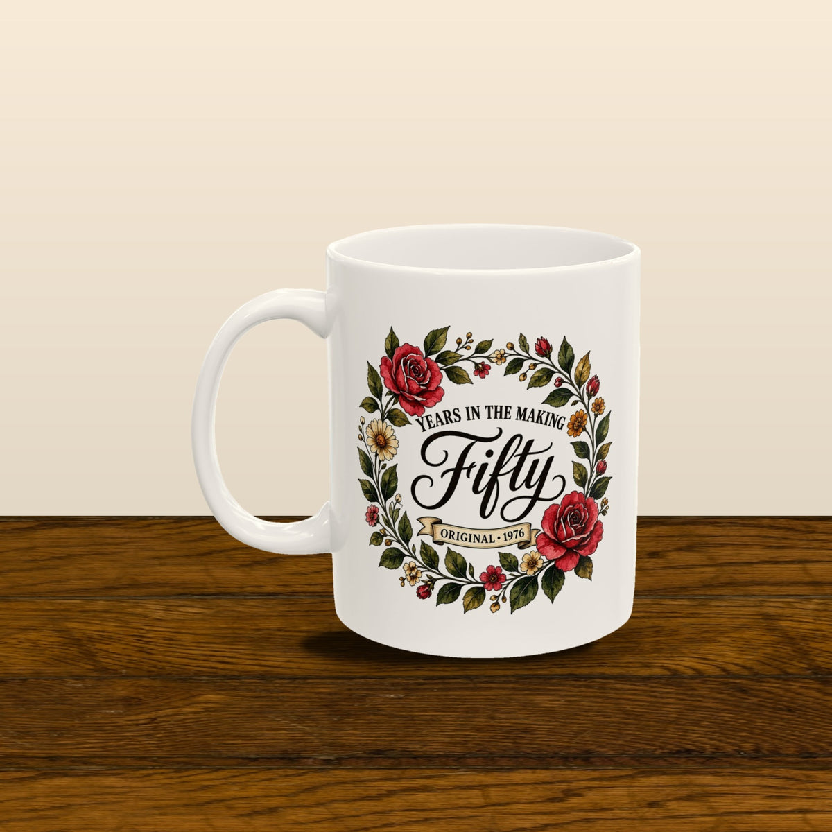 Fifty Years in the Making mug - styled old wooden floor 02